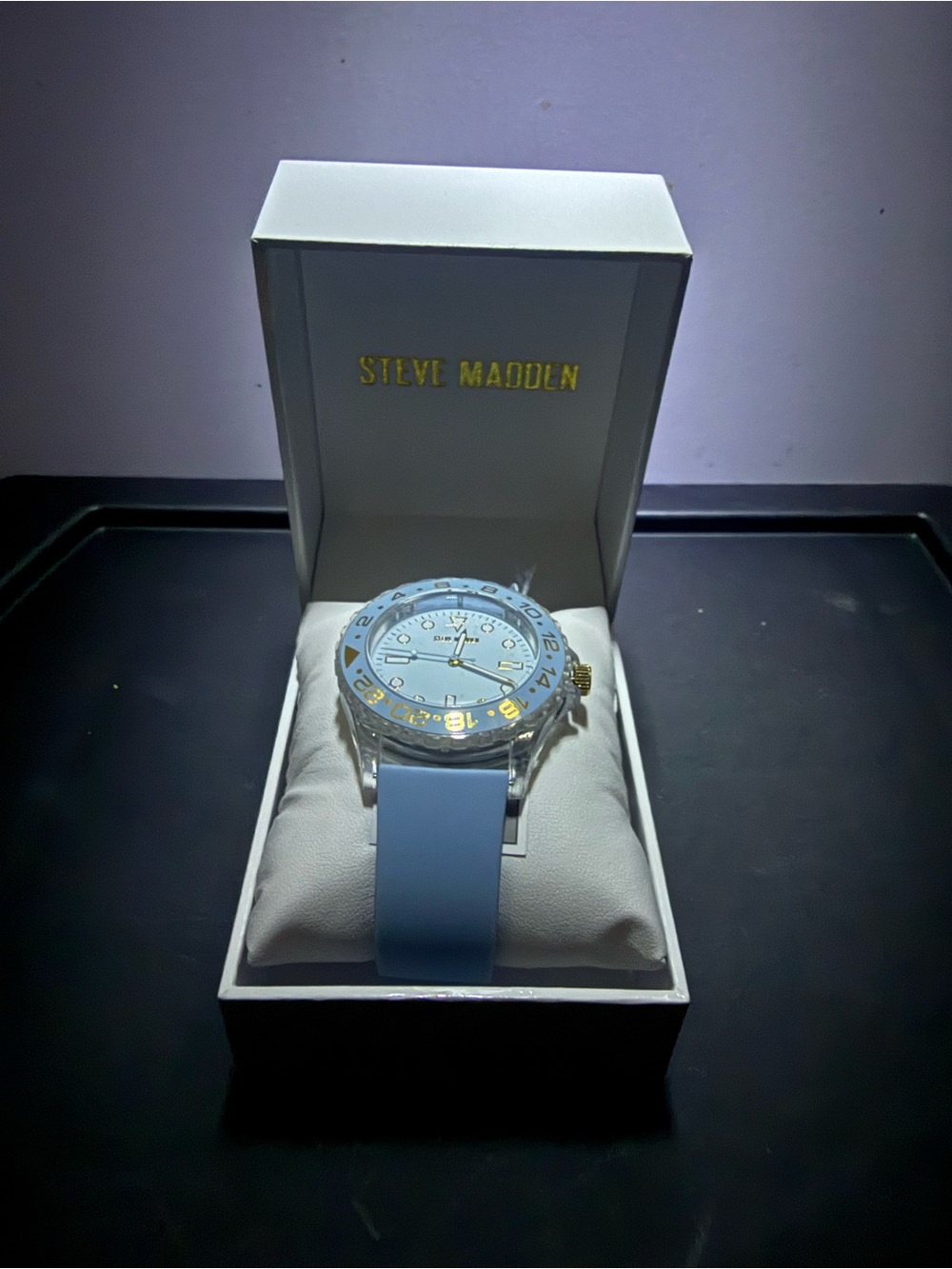 Steve Madden Light Blue Silicone Strap Watch with Gold Accents
